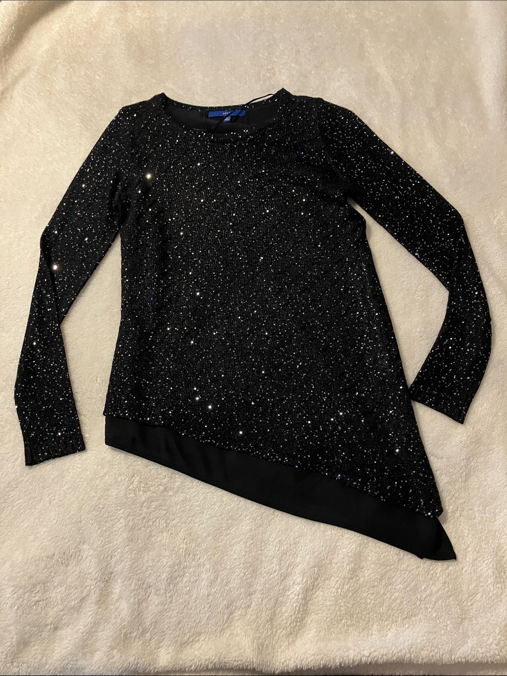 Apt. 9 Black Sequin Asymmetrical hem Sparkly Crewneck Sweater great for holidays